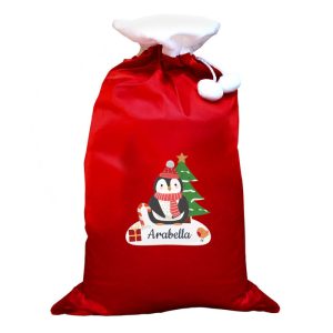 Personalised Christmas Penguin Luxury Pompom Red Sack