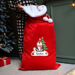 Personalised Christmas Penguin Luxury Pompom Red Sack
