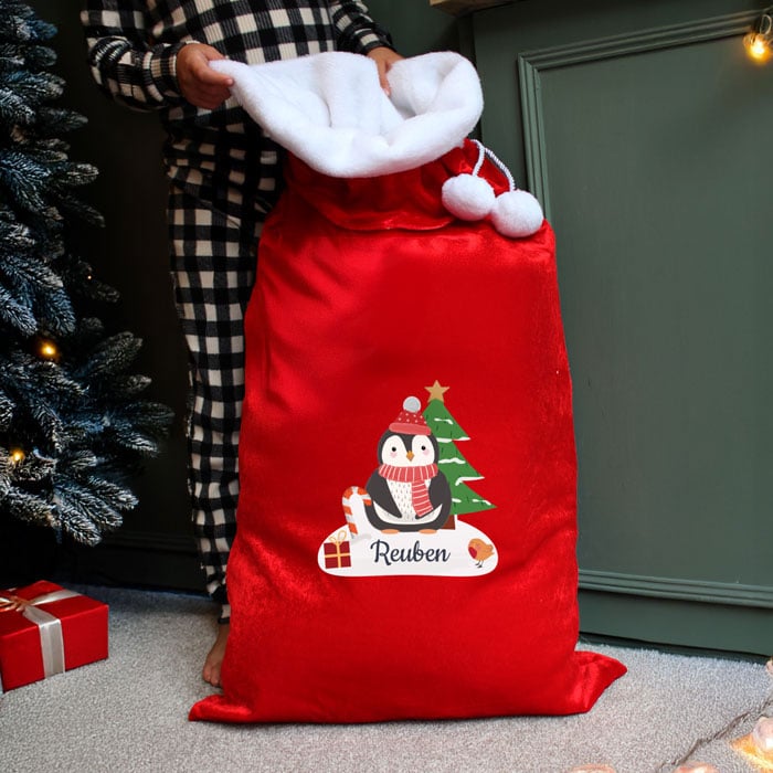 Personalised Christmas Penguin Luxury Pompom Red Sack