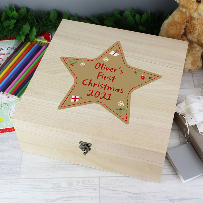 Personalised Christmas Star Large Wooden Keepsake Box