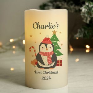 Personalised Christmas Penguin LED Candle