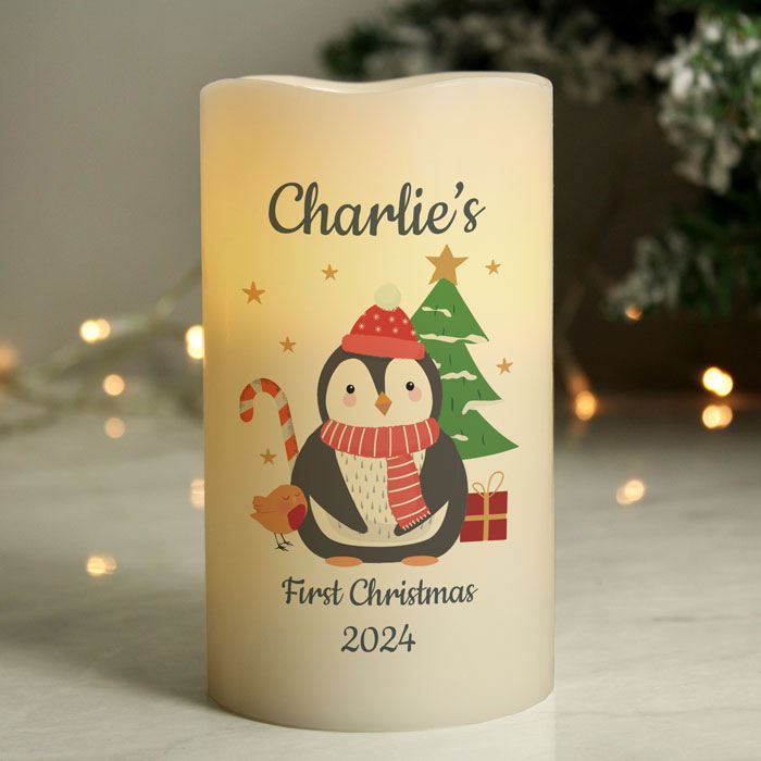 Personalised Christmas Penguin LED Candle