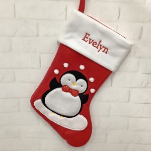 Kid's Personalised Red Bobble Penguin Christmas Stocking