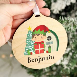 Personalised Elf Round Wooden Christmas Tree Decoration