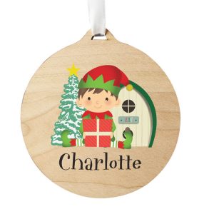 Personalised Elf Round Wooden Christmas Tree Decoration