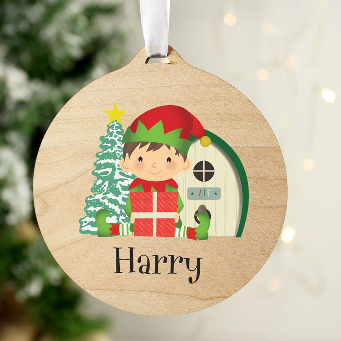 Personalised Elf Round Wooden Christmas Tree Decoration