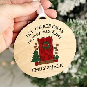 Personalised New Home Round Wooden Christmas Tree Decoration