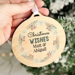 Personalised Wreath Round Wooden Christmas Tree Decoration