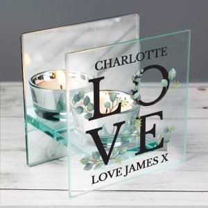Personalised Botanical Love Mirrored Glass Tea Light Holder