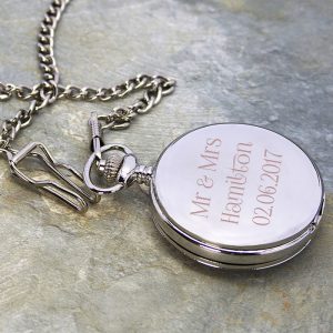 Engraved Dual Sided Silver Plated Pocket Watch and Chain