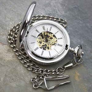 Engraved Dual Sided Silver Plated Pocket Watch and Chain