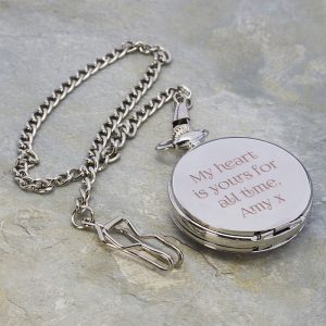Engraved Dual Sided Silver Plated Pocket Watch and Chain