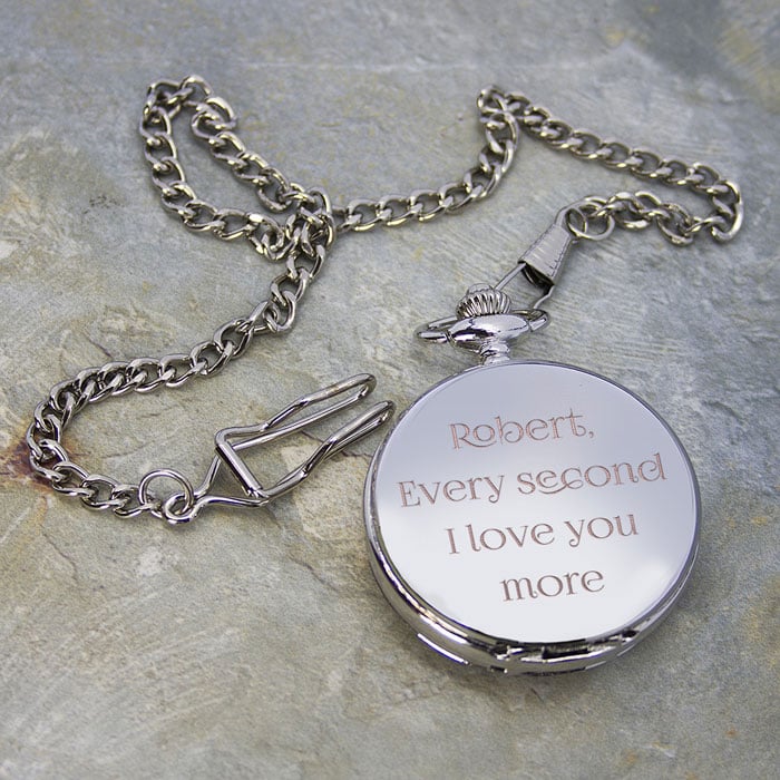 Engraved Dual Sided Silver Plated Pocket Watch and Chain