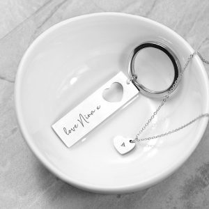 Personalised Love Heart Necklace and Cut Out Keyring Set