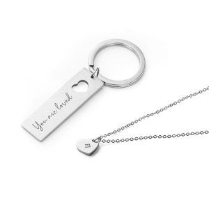 Personalised Love Heart Necklace and Cut Out Keyring Set