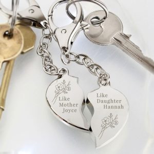 Personalised Floral Mother Daughter Two Heart Keyring