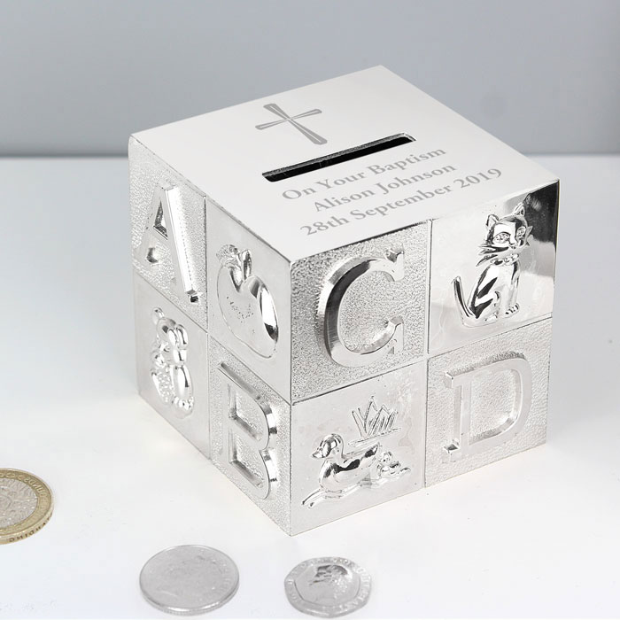 Personalised Cross ABC Money Box Christening or Baptism