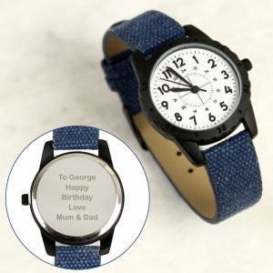 Personalised Black with Blue Canvas Strap Boy's Watch