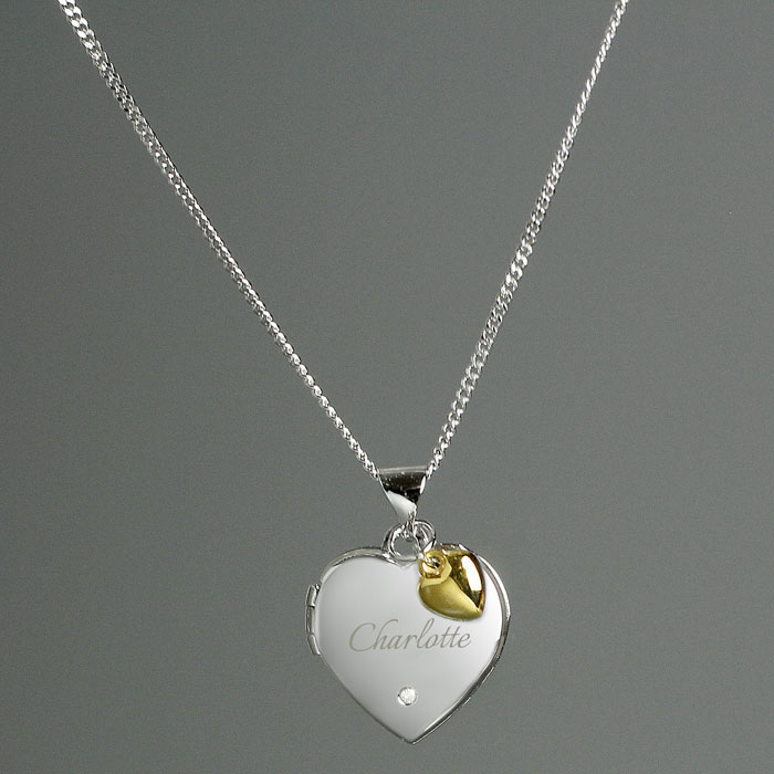 Personalised Sterling Silver Diamond Heart Locket & Charm