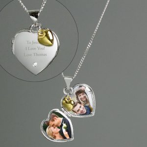 Engraved Sterling Silver Heart Locket Gold Charm & Diamond