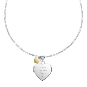 Engraved Sterling Silver Heart Locket Gold Charm & Diamond