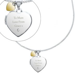 Engraved Sterling Silver Heart Locket Gold Charm & Diamond