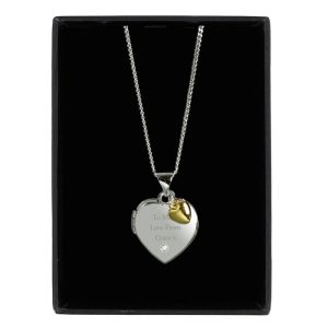 Engraved Sterling Silver Heart Locket Gold Charm & Diamond