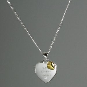 Engraved Sterling Silver Heart Locket Gold Charm & Diamond