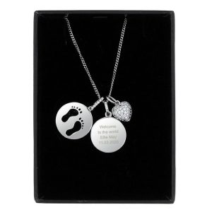 Engraved Sterling Silver Footprints New Mummy Heart Necklace