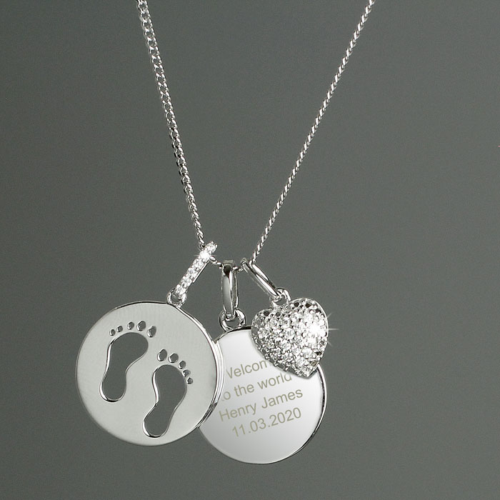Engraved Sterling Silver Footprints New Mummy Heart Necklace