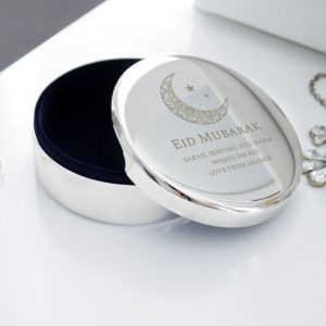 Personalised Eid Round Silver Plated Trinket Box