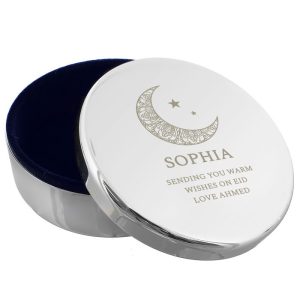 Personalised Eid Round Silver Plated Trinket Box