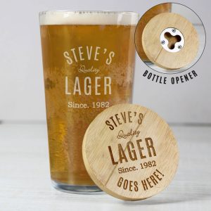 Personalised Bamboo Bottle Opener Coaster & Pint Glass