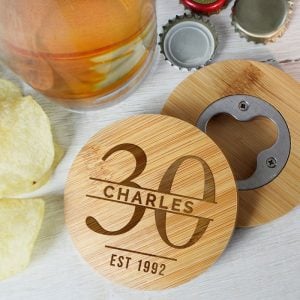 Personalised Age Bamboo Bottle Opener Coaster & Pint Glass