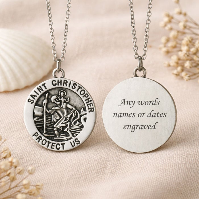 Stainless Steel Engraved St Christopher Necklace