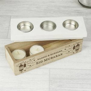 Personalised Eid Gift Triple Tea Light Wooden Candle Box