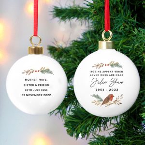 Personalised Robin Memorial Christmas Tree Bauble