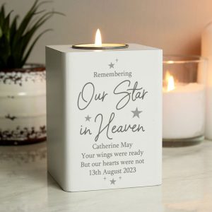 Personalised Our Star In Heaven White Wooden Tealight Holder