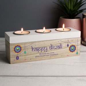 Personalised Happy Diwali Gift Wooden Triple Tealight Box