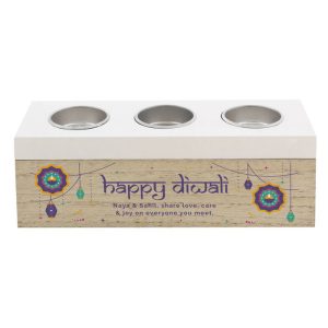Personalised Happy Diwali Gift Wooden Triple Tealight Box