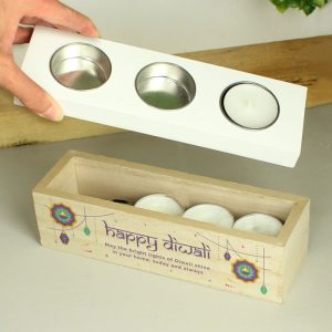 Personalised Happy Diwali Gift Wooden Triple Tealight Box