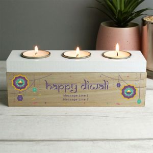 Personalised Happy Diwali Gift Wooden Triple Tealight Box