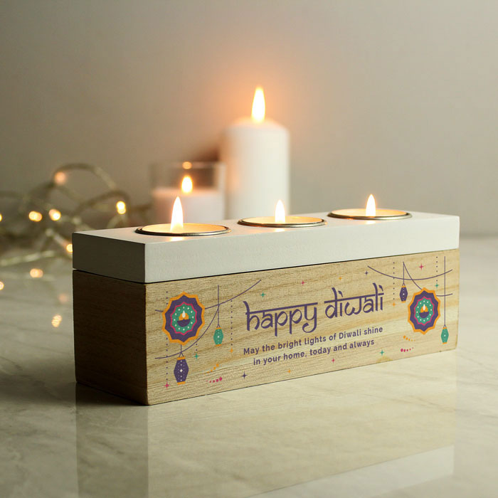 Personalised Happy Diwali Gift Wooden Triple Tealight Box