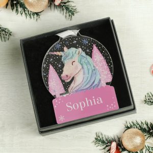 Girl's Personalised Unicorn Pink Acrylic Snow Globe Bauble