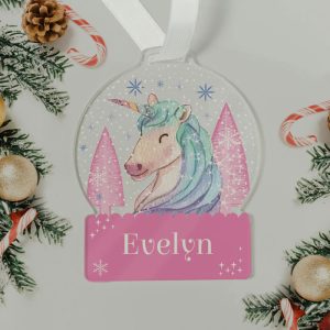 Girl's Personalised Unicorn Pink Acrylic Snow Globe Bauble