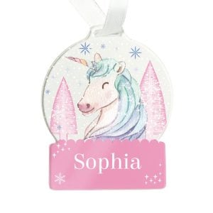 Girl's Personalised Unicorn Pink Acrylic Snow Globe Bauble
