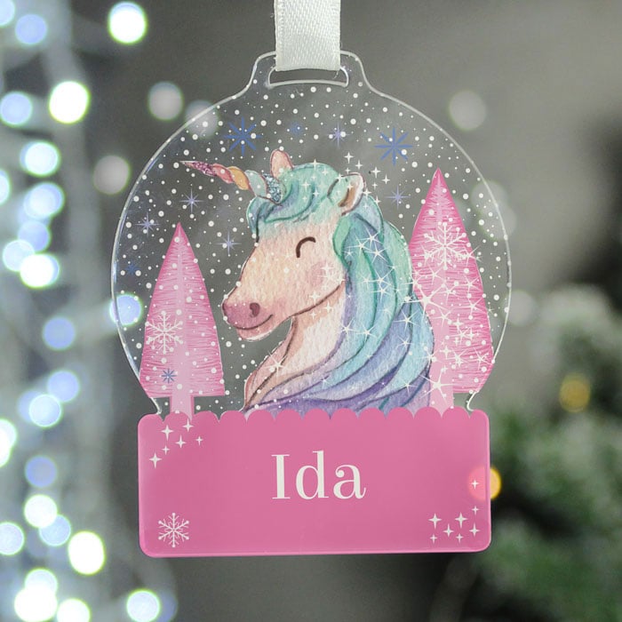 Girl's Personalised Unicorn Pink Acrylic Snow Globe Bauble