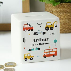Boy's Personalised Vehicles Ceramic Square Money Box