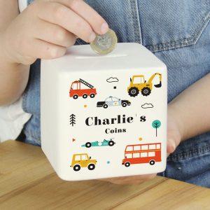 Boy's Personalised Vehicles Ceramic Square Money Box