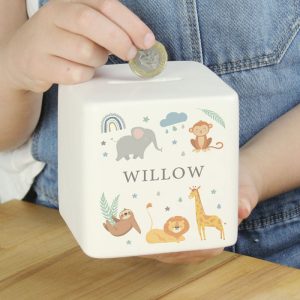 Personalised Safari Animals Ceramic Square Money Box